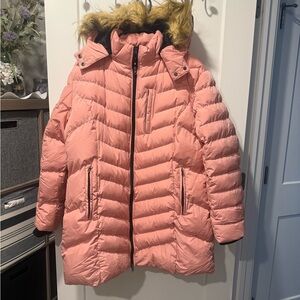 Pink Puffer Coat with Faux Fur Hood